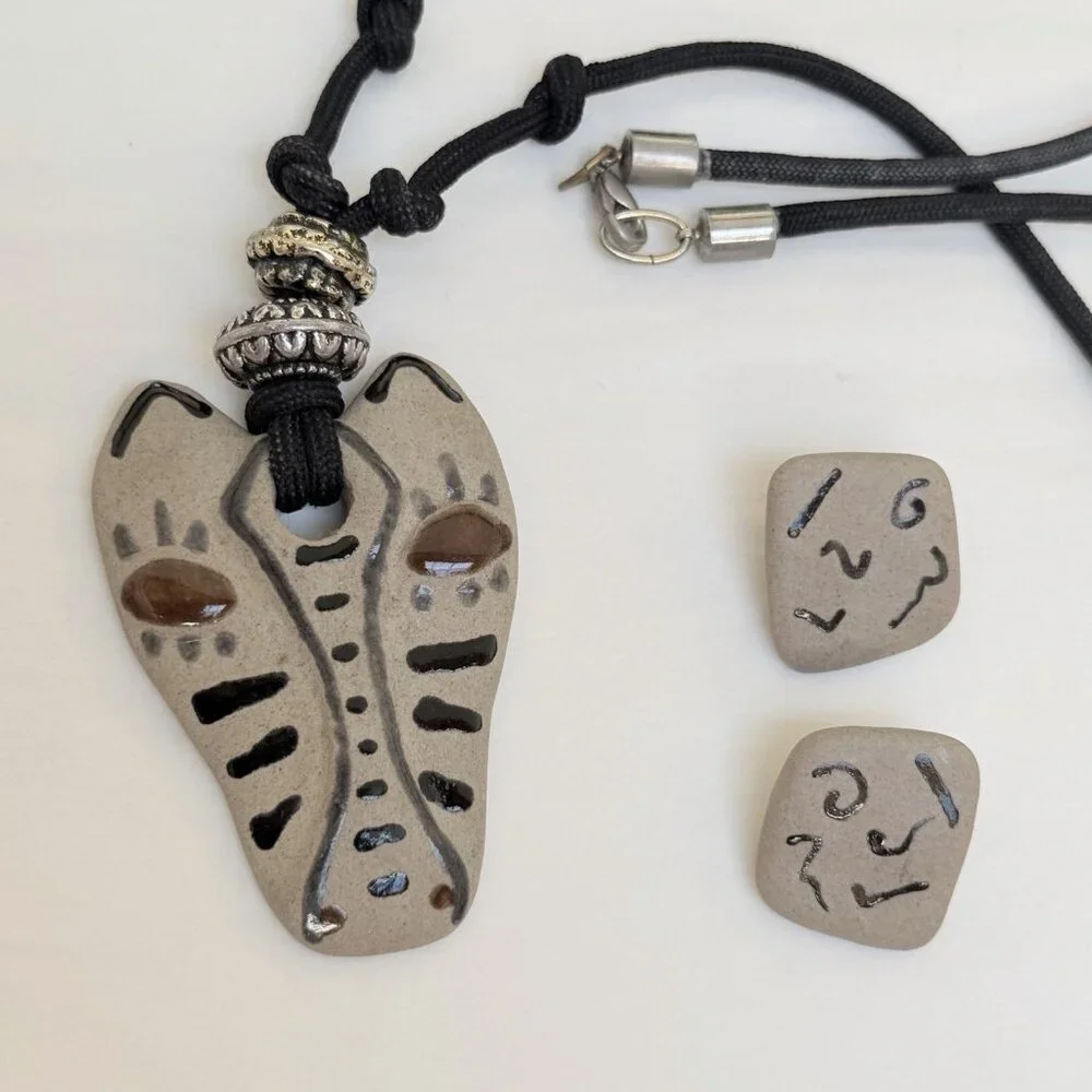 Vintage Clay Cat Head Calderon Signed Necklace Clip On Earrings Set Gift